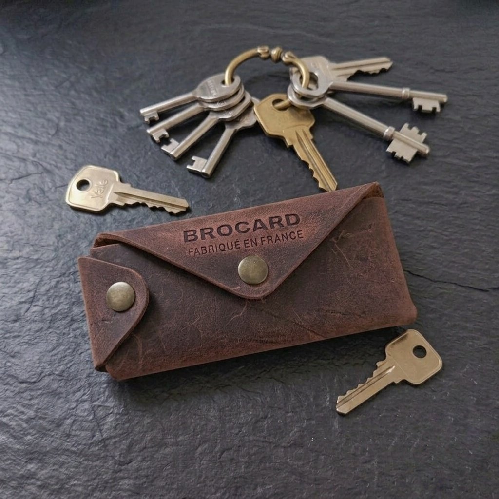 Porte-clés étui en cuir marron fait main en France par Brocard Leather Goods